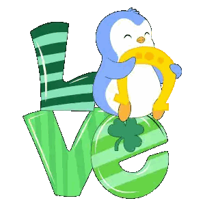 A Penguin Holding A Horseshoe Sits On Top Of The Letter V. Sticker