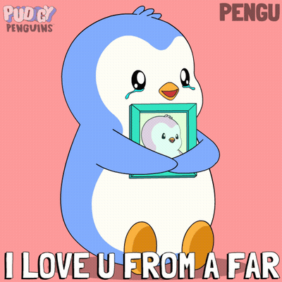 A Penguin Holding A Picture With The Words " I Love U From A Far " Below It GIF