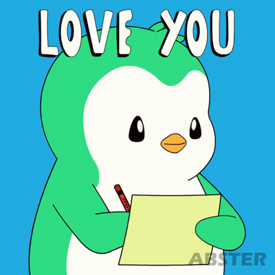 A Penguin Holding A Piece Of Paper With A Heart And The Words Love You Above It GIF