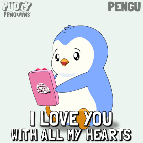 A Penguin Holding A Pink Box With The Words I Love You With All My Hearts GIF