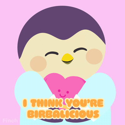 A Penguin Holding A Pink Heart With The Words " I Think You 'Re Birbalicious " On The Bottom GIF