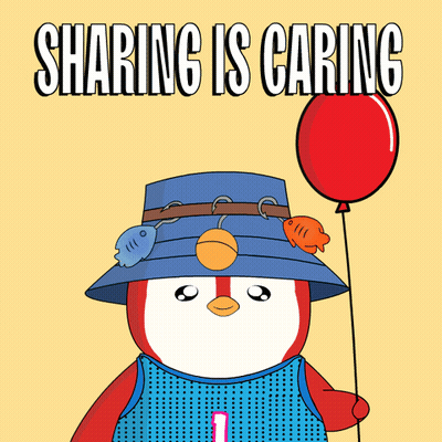 A Penguin Holding A Red Balloon With The Words Sharing Is Caring GIF