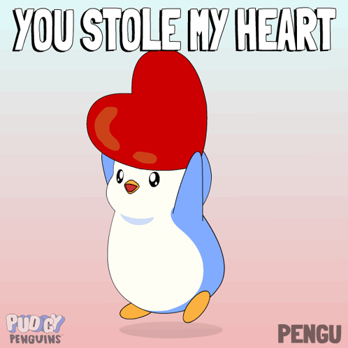 A Penguin Holding A Red Heart With The Words " You Stole My Heart " GIF