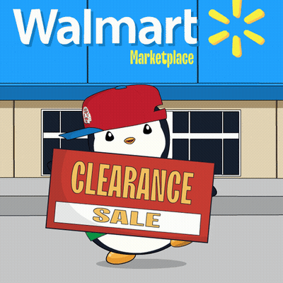 A Penguin Holding A Sign That Says Clearance Sale In Front Of A Walmart Store GIF
