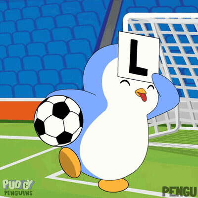 A Penguin Holding A Soccer Ball And A Sign That Says L On It GIF