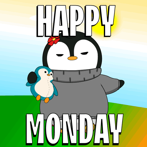 A Penguin Holding A Stuffed Penguin With The Words Happy Monday Below GIF