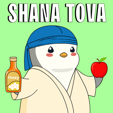 A Penguin Holding An Apple And A Bottle Of Honey With The Words Shana Tova Above Him GIF