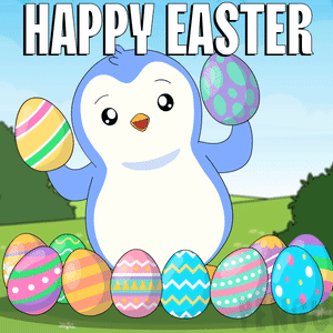 A Penguin Holding An Easter Egg In Front Of A Bunch Of Easter Eggs That Say Happy Easter GIF