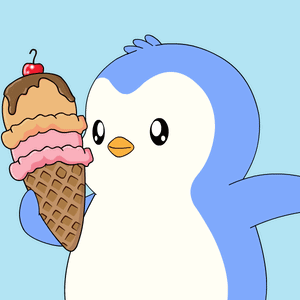 A Penguin Holding An Ice Cream Cone With A Cherry On Top Of It GIF