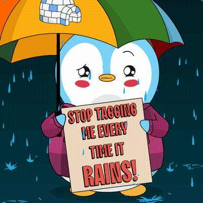 A Penguin Holding An Umbrella Holds A Sign That Says Stop Tagging Me Every Time It Rains GIF