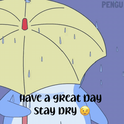 a penguin holding an umbrella in the rain with the words " have a great day stay dry "