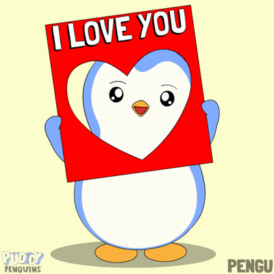 a penguin holding up a sign that says i love you
