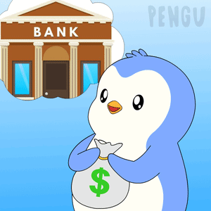 A Penguin Holds A Bag Of Money In Front Of A Bank Building GIF