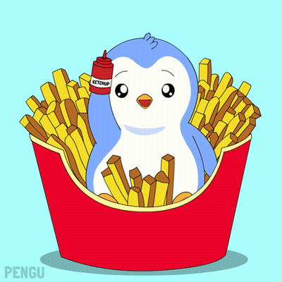 A Penguin In A Bucket Of French Fries With A Ketchup Bottle On Its Head GIF