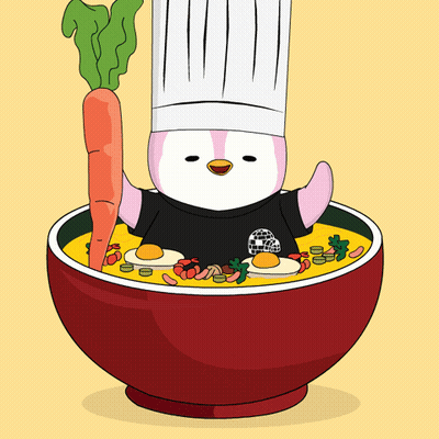 A Penguin In A Chef 'S Hat Is Holding A Carrot In A Bowl Of Food GIF