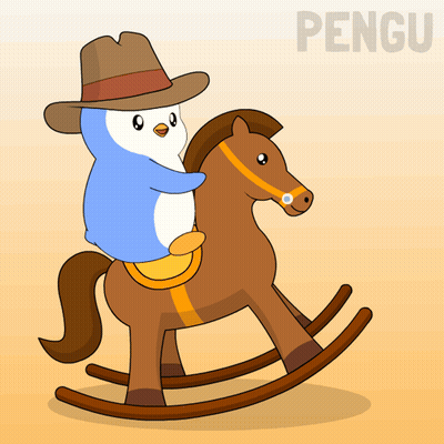 A Penguin In A Cowboy Hat Is Riding On A Rocking Horse GIF