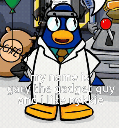A Penguin In A Lab Coat And Tie Says My Name Is Gary The Gadget Guy GIF