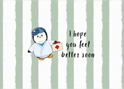 A Penguin In A Lab Coat Holding A First Aid Kit With The Words " I Hope You Feel Better Soon " Below It GIF