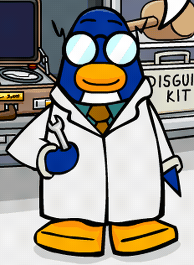 A Penguin In A Lab Coat Is Holding A Wrench In Front Of A Disguise Kit GIF
