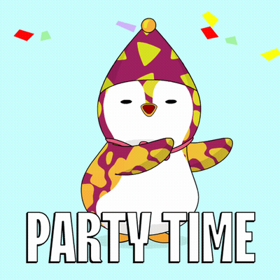 A Penguin In A Party Hat Is Surrounded By Confetti And The Words Party Time GIF