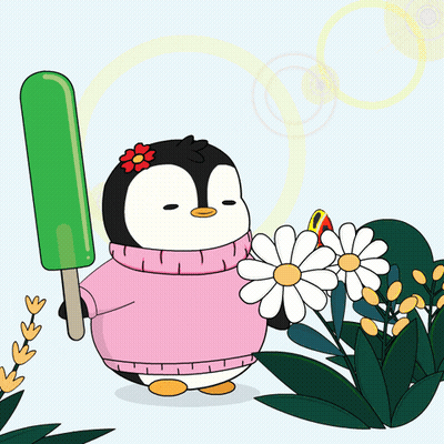 A Penguin In A Pink Sweater Is Holding An Ice Cream Bar And A Flower GIF