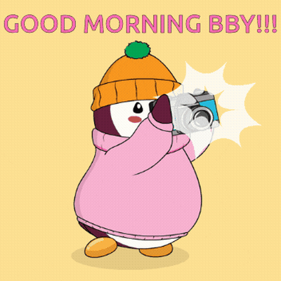 A Penguin In A Pink Sweater Is Taking A Picture With The Words Good Morning Bby GIF