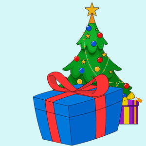 A Penguin In A Rm Sweater Sits In A Blue Gift Box GIF