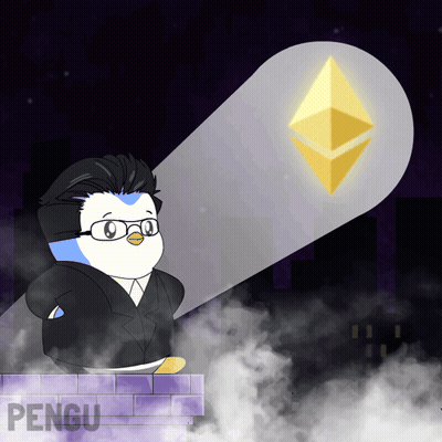 A Penguin In A Suit Stands In Front Of A Glowing Pyramid With The Word Pengu On The Bottom GIF