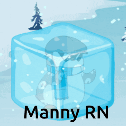 A Penguin In An Ice Cube With The Name Manny Rn GIF