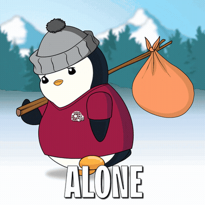 A Penguin Is Carrying A Bag With The Word Alone Written On It GIF