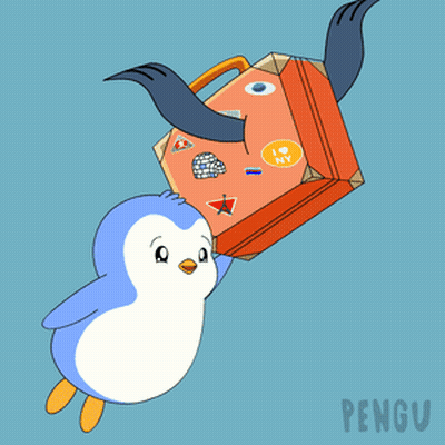 A Penguin Is Carrying A Suitcase With A Sticker That Says I Love Ny GIF