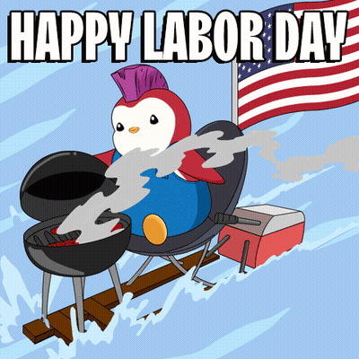 A Penguin Is Cooking On A Grill With The Words Happy Labor Day Below It GIF