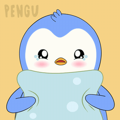 A Penguin Is Crying And Holding A Blue Pillow With The Word Pengu On The Bottom GIF