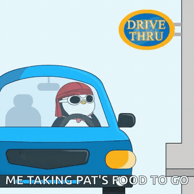 A Penguin Is Driving A Blue Car With A Drive Thru Sign Behind Him GIF