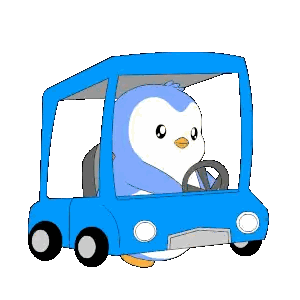 A Penguin Is Driving A Blue Car With A Steering Wheel Sticker
