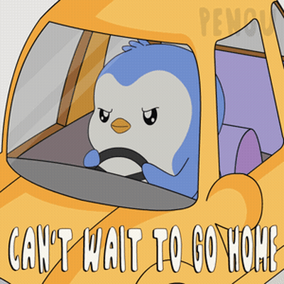A Penguin Is Driving A Car With The Words " Can 'T Wait To Go Home " On The Bottom GIF