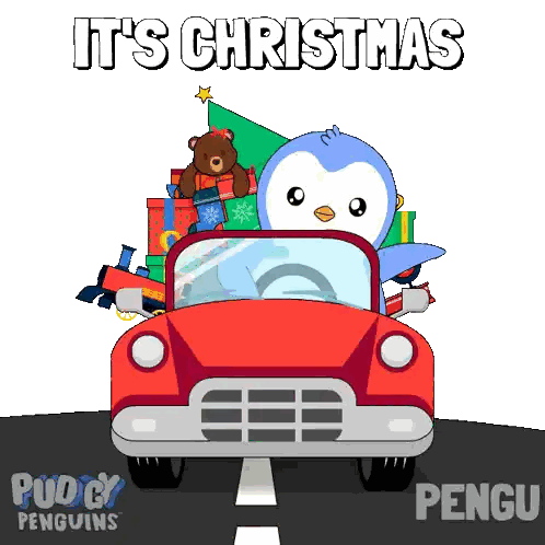 A Penguin Is Driving A Red Car With A Christmas Tree On Top Sticker