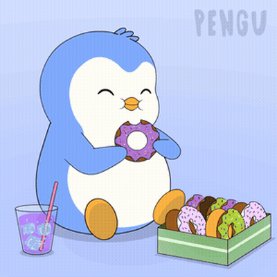 A Penguin Is Eating A Donut Next To A Box Of Donuts And A Glass Of Soda GIF