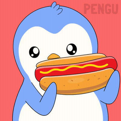 A Penguin Is Eating A Hot Dog With The Word Pengu On The Bottom Right GIF