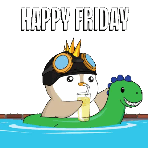 A Penguin Is Floating On A Dinosaur Float With A Drink Sticker