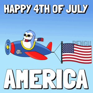 A Penguin Is Flying In A Plane With An American Flag Attached To It GIF