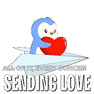 A Penguin Is Flying On A Paper Airplane Holding A Heart GIF