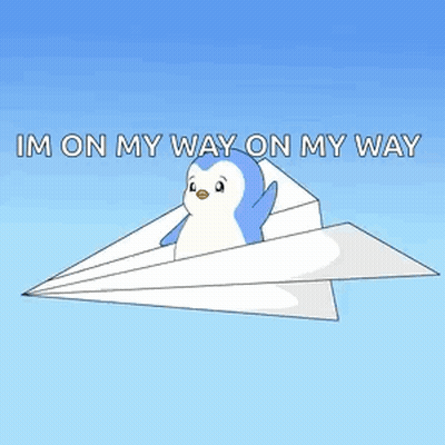 A Penguin Is Flying On A Paper Airplane With The Words " Im On My Way On My Way " GIF