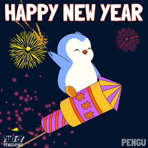 A Penguin Is Flying Through The Air On A Rocket With Fireworks Behind It And The Words Happy New Year GIF