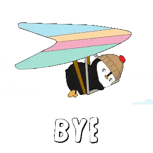 A Penguin Is Flying With A Rainbow Colored Wing And The Word Bye Below It GIF