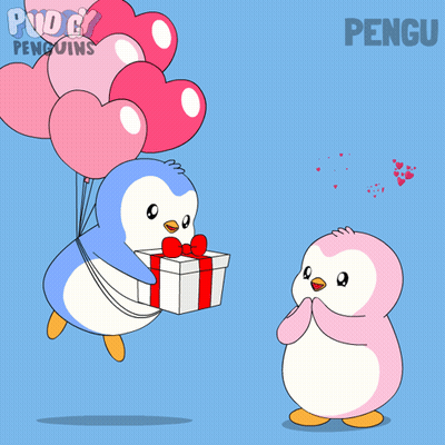A Penguin Is Giving A Gift To Another Penguin While Holding A Bunch Of Balloons GIF