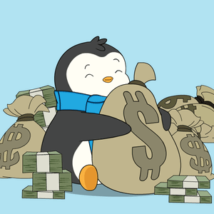 A Penguin Is Holding A Bag Of Money With The Letter S On It GIF