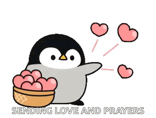 A Penguin Is Holding A Basket Of Hearts And Sending Love And Prayers . GIF