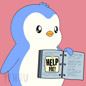 A Penguin Is Holding A Book With A Help Me Sticker On It GIF