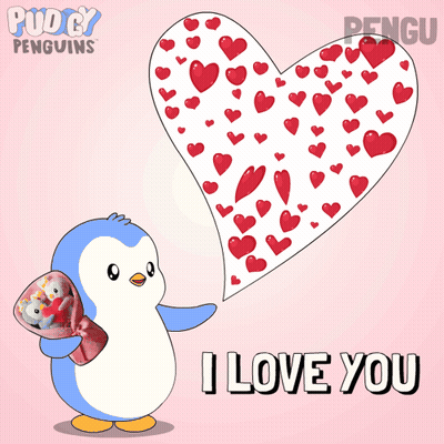 A Penguin Is Holding A Bouquet Of Flowers In Front Of A Crescent Moon Filled With Hearts GIF